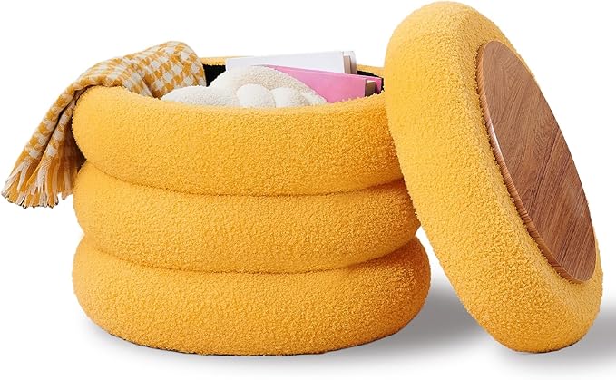 Wimarsbon Round Storage Ottoman, Modern Sherpa Footstool, Teddy Vanity Stool with Flip-Top Tray, Makeup Chair for Home Decor, Upholstered Footrest for Living Room & Bedroom (Yellow)