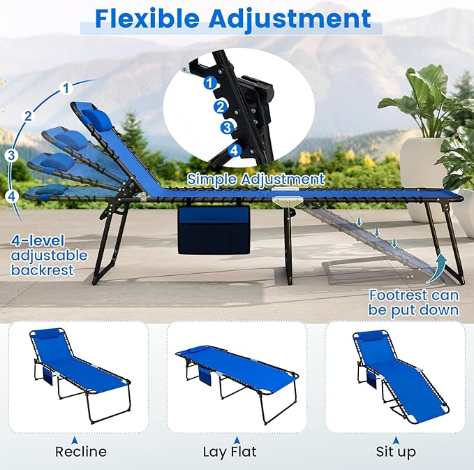 Goplus Chaise Lounge Chair Outdoor, Extra Large Folding 5-Postion Beach Bed with Detachable Pillow, Side Pocket, Adjustable Sunbathing Tanning Chair for Patio Lawn Pool Yard