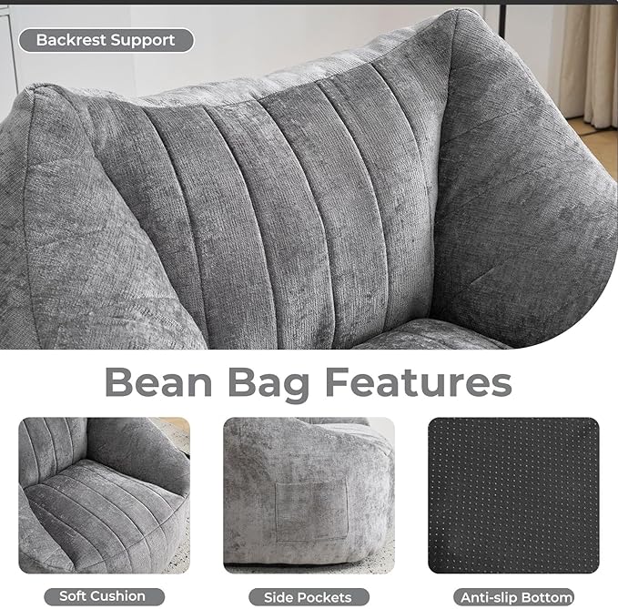 Giant Bean Bag Chair with Ottoman for Adults, Oversized Bean Bag with Filling Plush Fluffy,BeanBag Floor Sofa Chair with with Back Support for Living Room, Bedroom, Reading,Grey