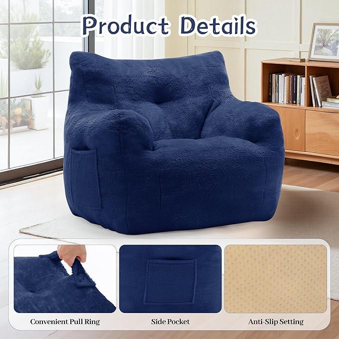 Bean Bag Chair, Comfy Bean Bag Sofa with Armrests & Back Support, Shredded Foam Filled Floor Couch for Adults, Fluffy Cloud Chair for Bedroom/Dorm/Reading, Single, Blue