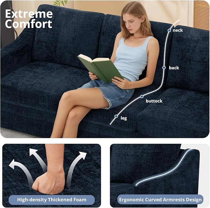 ACMEASE 2 Pieces Chenille Sofa Sets w/Comfortable Back Cushions, Modern Loveseat & Sofa w/Deep Seat Space, Upholstered 2 Seat & 3 Seats Couch Sets w/High Resiliency Foam for Living Room, Office Blue