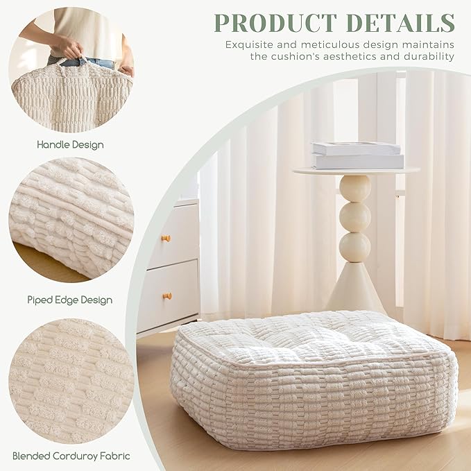 8" Washable Floor Pillow Cushion for Adults, Meditation Cushion Pillow, Removable Tufted Blended Corduroy Cover, Large Square Floor Sitting for Tatami Living Room or Yoga, 2Pack, Machine Washable