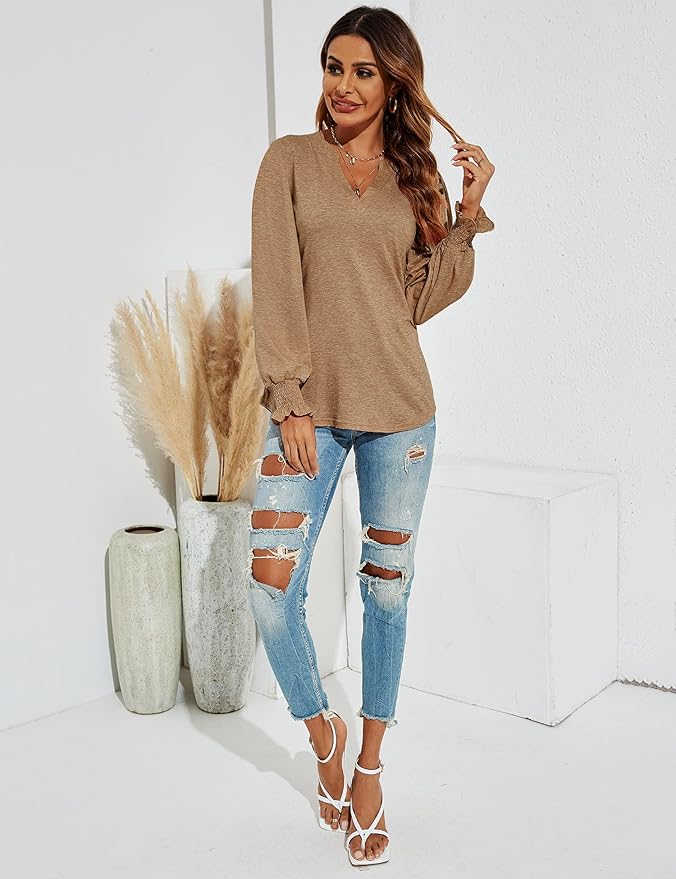Romanstii Women's Casual V-Neck T-Shirts Loose Puff Long Sleeve Tops Tunic Blouses