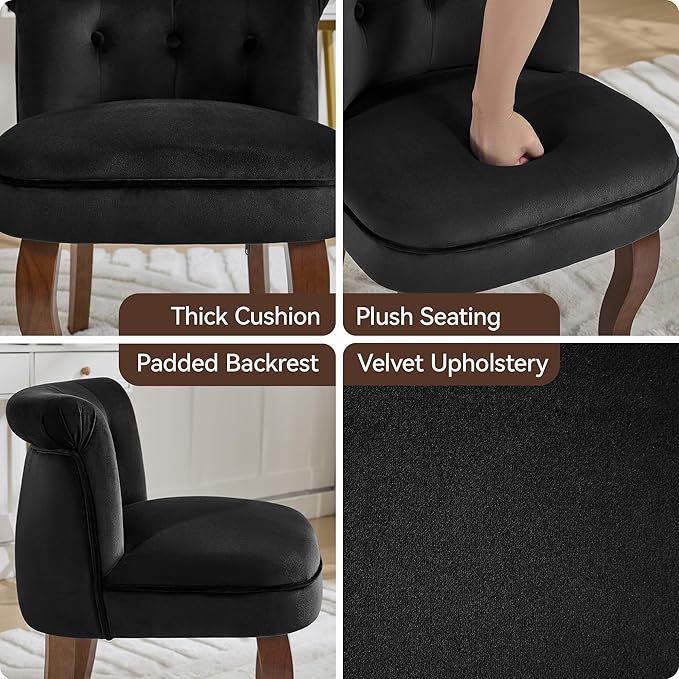 WUTUTUEE Velvet Vanity Chair with Solid Wood Legs, Tufted Upholstered Vanity Stool with Back, Mid Century Small Makeup Accent Chair for Bedroom, Living Room, Black