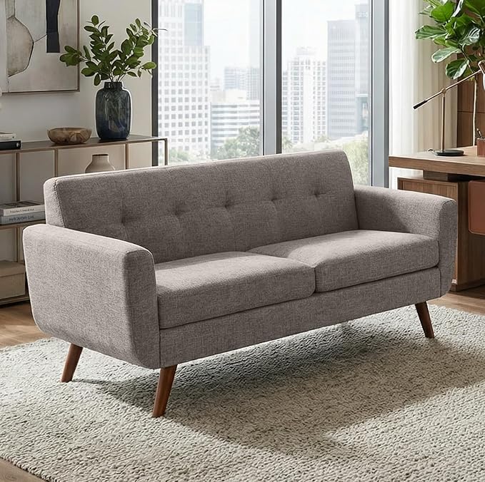 Tbfit Loveseat Sofa, 65" W Mid Century Modern Love Seat Couches for Living Room, Button Tufted Upholstered Small Couch for Bedroom, Solid and Easy to Install Love Seats Furniture, Grey