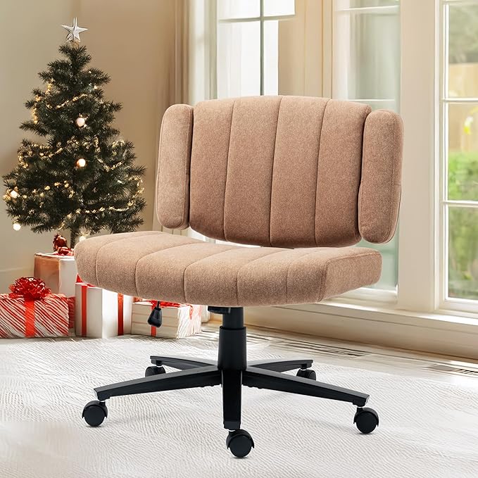 Vigosit Criss Cross Chair with Wheels – Comfortable Vanity Chair, Wide Rolling Cross Legged Office Chairs with Arms, Adjustable Desk Chairs Comfy for Home Office, Swivel Task (Brown)