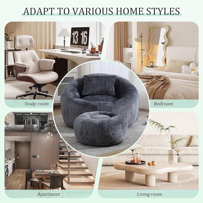 HOMEFLEX Modern Bean Bag Chair for Adults, Comfy Reading Nook Seating with Pillow, Round Chairs with Ottoman, Leisure Single Sofa, Ideal for Living Room, Bedroom, Apartment (Gray)