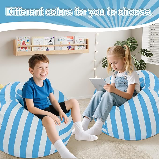 COMAX Bean Bag Chair for Kids, Kid Beanbag Chair Cute, Cotton Canvas Lazy Chair with Shredded Foam Filling, Stuffed Floor Sofa Couch for Boys and Girls, Blue