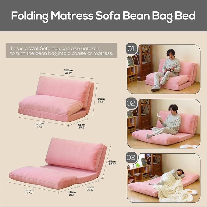 N&V Folding Matress Sofa Bean Bag Bed, Foam Filling Folding Matress Sofa, Includes Removable and Machine Washable Cover, Soft Premium Faux Fur (Medium, Pink)