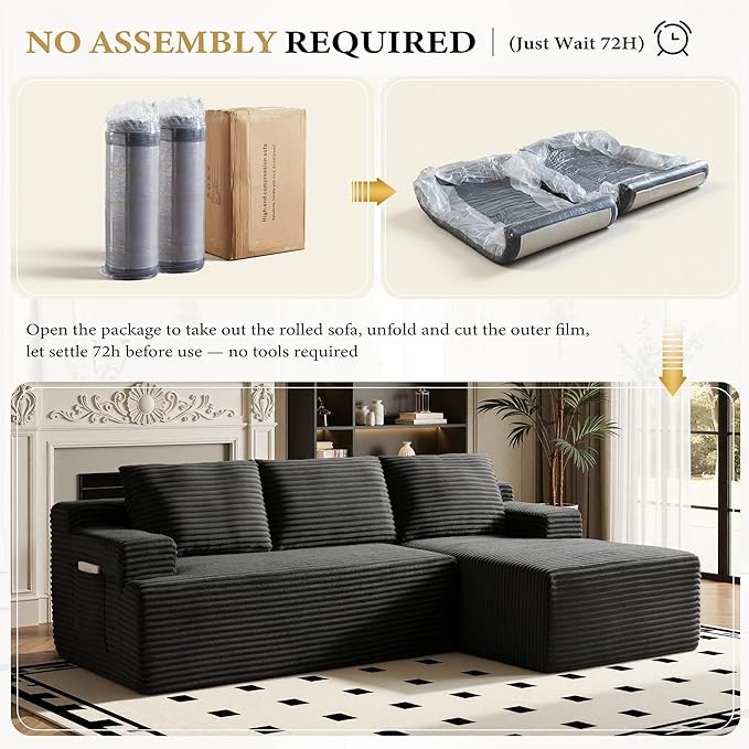 96" Sectional Couches for Living Room Cloud Couch Sofa with L-Shape Upholstered Boneless Couchs Modern Modular Sectional Couch with Chaise (Black, 96" W+Right Facing Chaise+2Seaters)
