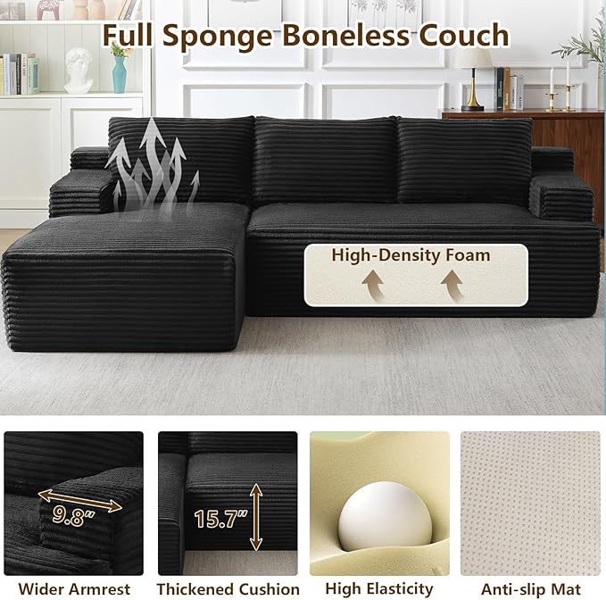 96.1" Modular Sectional Sofa Couches L-Shape Couch 3 Seat Modular Sofa Corduroy Memory Foam Sectional Boneless Couches for Living Room, Cloud Couch with Oversized Chaise(Black, Left Facing)