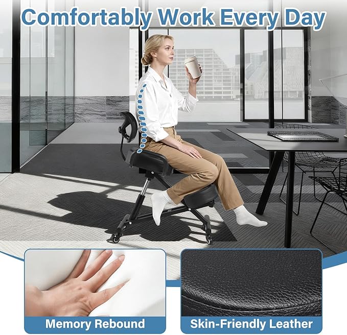 Ergonomic Kneeling Chair Height-Adjustable 32.2-36.2 in Postures Chairs with Lockable Wheels and Armrests Knee Chairs can Hold Up to 220 Lbs Kneeling Ergonomic Chair for Desk Home Meditation,Black