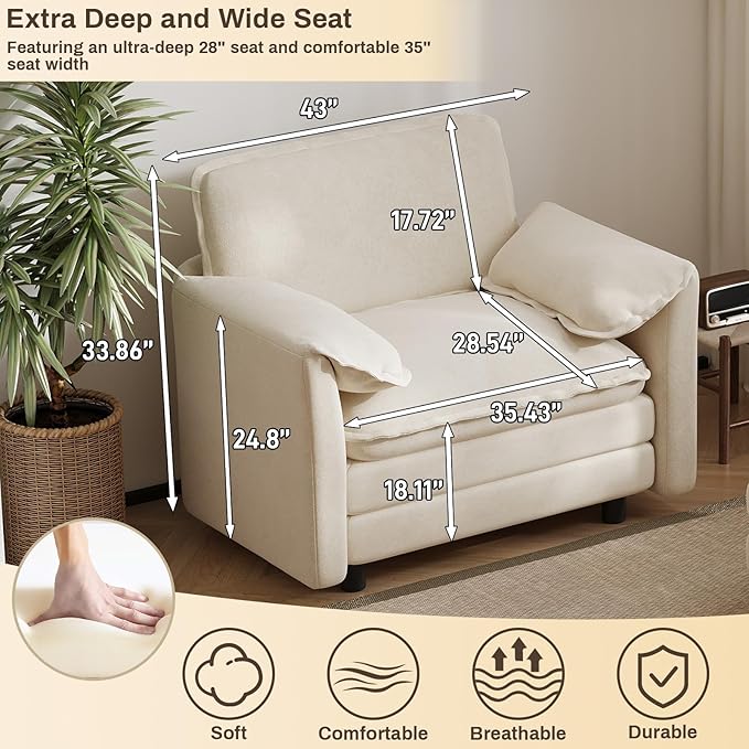 DAMAIFROM Oversized Chaise Lounge Chair Indoor with Ottoman, Firm Solid Wood Frame with Long Service Life Chenille Oversized Lounge Reading Chair for Study Room - Beige White
