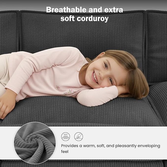 Apicizon 143" Cloud Couch Sectional, 4-Seat Deep Sofa Couch with Ottoman, Modern U Shape Sectional Cloud Sofa Corduroy for Living Room, Apartment, Office, Grey