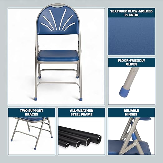 OEF Furnishings OEF1100 Series Premium Heavy-Duty Plastic Folding Chairs, Commercial Fanback Event Chairs with Triple Brace and 500 lb Capacity (4-Pack, Blue Plastic with Gray Frame)