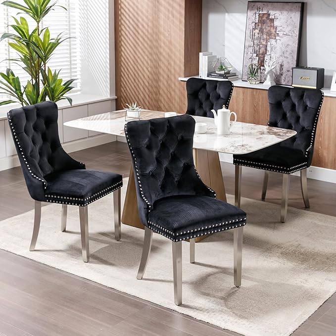 YeahFurn Mid Century Modern Dining Chairs Set of 6, Black Velvet Upholstered Tufted Back, Kitchen & Dining Room Chairs, Brushed Silver Metal Legs, Nailhead Trim, Sillas para Comedor (Black, 6 Pcs)