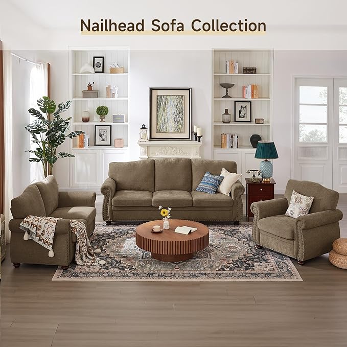 ONBRILL Nailhead Trim Armchair, Rolled Arm Accent Chair for Living Room, Comfy Chenille Club Sofa Chair w/Springs Cushions & Wood Legs, Traditional Single Couch Chair for Apartment, Farmhouse, Brown