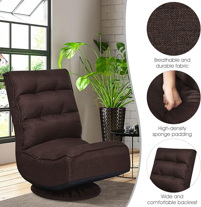 Giantex 360 Degree Swivel Gaming Chair, 6 Position Adjustable Folding Floor Chair, Nearly 300lb Spring Support, Comfortable Padded Backrest, Lazy Sofa Chair Game Rocker for Teens Adults (Brownness)