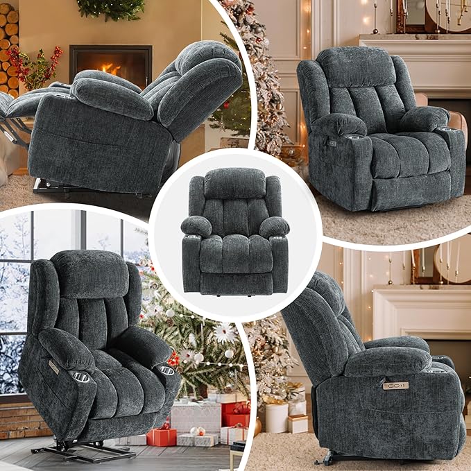 ABCASA Large Power Lift Chairs Recliners for Elderly with Heat ＆ Massage, Upgraded Chenille Recliners, USB-A ＆ C, Cup Holder, Side Pocket, Grey Blue