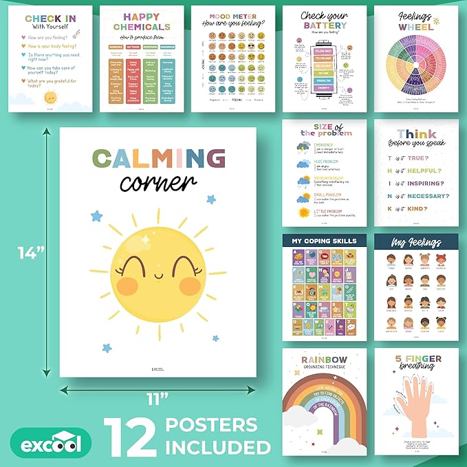 EXCOOL CLUB 12 Toddler Calming Corner Posters For Classroom Decor - 11x14 Feelings Chart For Kids, Calming Posters For Kids Calm Down Corner Supplies, Emotions Poster Classroom Must Haves For Teacher