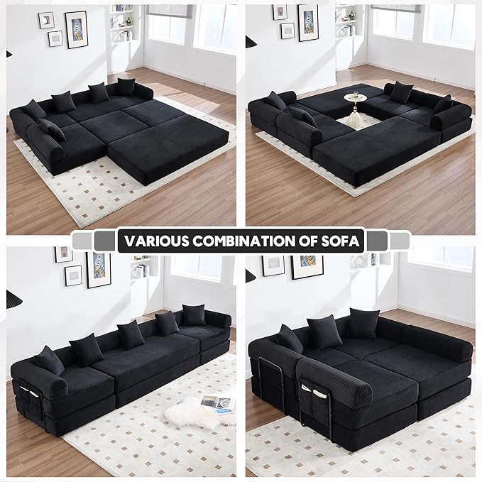 L Shape Convertible Sofa Bed with Cylindrical Pillow and Storage Pocket, Convertible Sofa Couch Bed with Support Frame for Living Room Bedroom Children Room-Black