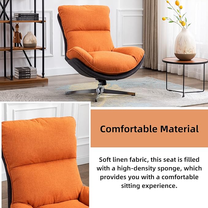 LukeAlon Modern Linen Swivel Lounge Chair, Upholstered High Back Accent Chair with Metal Base Comfy Recliner Chair Leisure Single Sofa Chair for Living Room Office, Orange
