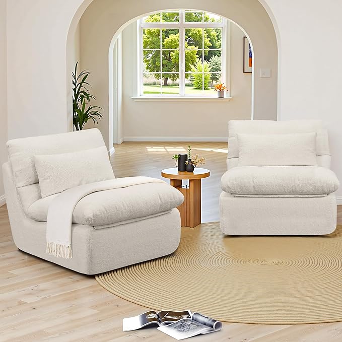 Boneless Single Sofa – 32” Teddy Plush Frameless Lounge Chair with High-Density Foam Support – No Assembly, Cloud Couch for Living Room, Bedroom, & Apartment (White)