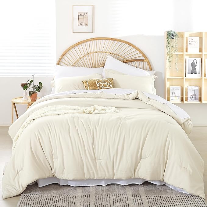 Weigelia Twin Bedding Set Microfiber 5 Pieces Ivory Twin Bedding Set All Season Soft Lightweight Comforter Set Bed in a Bag Twin Set with Comforters, Flat & Fitted Sheets, Pillowcases & Shams