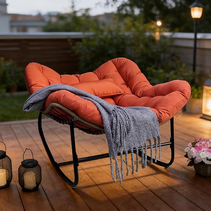 Sgentle Papasan Rocking Chair for Outdoor & Indoor, Oversized Patio Rocking Chair with Cushions & Steel Frame, Wicker Egg Lounge Chair, Comfy Reading Chair for Patio, Deck, Porch (Red, Style 2)