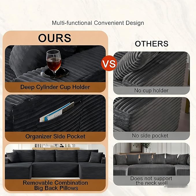 134" Modular Cloud Sectional Sleeper Sofa Couch for Living Room, U Shaped 6 Seat Sofa with 2 Storage Pockets, 2 Pillows & 2 Cup Holders, No Assembly Required, Dark Gray