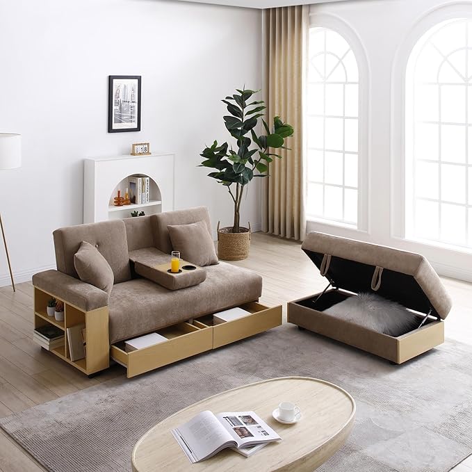 Roockky Convertible Sofa Bed, 85" Folding Sectional Sleeper Sofa with Storage Ottoman, Drawers, Built-in Bookshelves and 2 Cup Holders, Linen (Brown)
