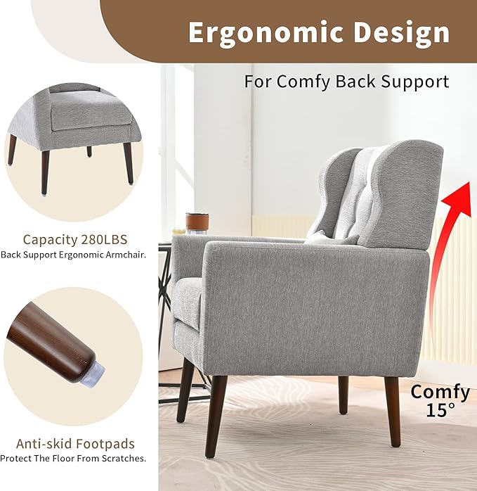 CHSICFOR Modern Accent Chair, Upholstered Arm Chair with Waist Pillow, Single Sofa Chair for Living Room Bedroom Small Spaces (Light Gray)