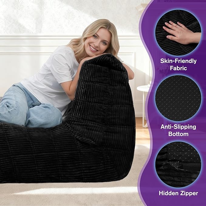 Bean Bag Chair,Giant Beanbag Chairs for Adults,Comfy Large Fireside Chair Lazy Sofa,Corduroy Bean Bag Lounger with Memory Foam Filled,Floor Sofa Couch for Home,Dorm,Living Room (Black)