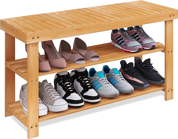 SMIBUY Bamboo Shoe Rack Bench, 3-Tier Shoe Organizer Storage Shelf for Entryway Hallway Bathroom Living Room (Natural)