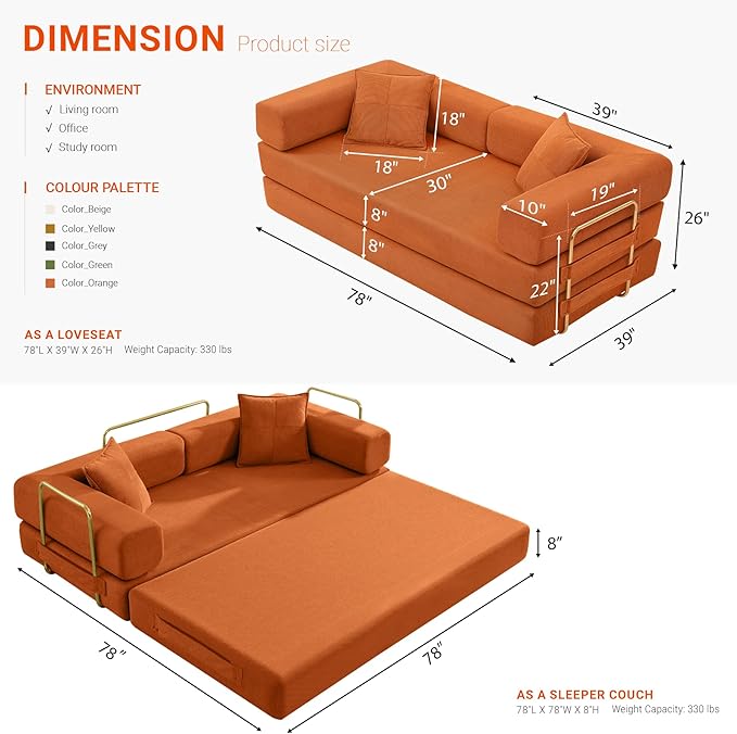 78" Convertible Sleeper Sofa Bed, Corduroy Folding Sofa Bed with Fixed-Shape Frame, Fold Out Floor Mattress Couch, Lazy Compression Sofas for Living Room, Bedroom, No Assembly Required, Orange
