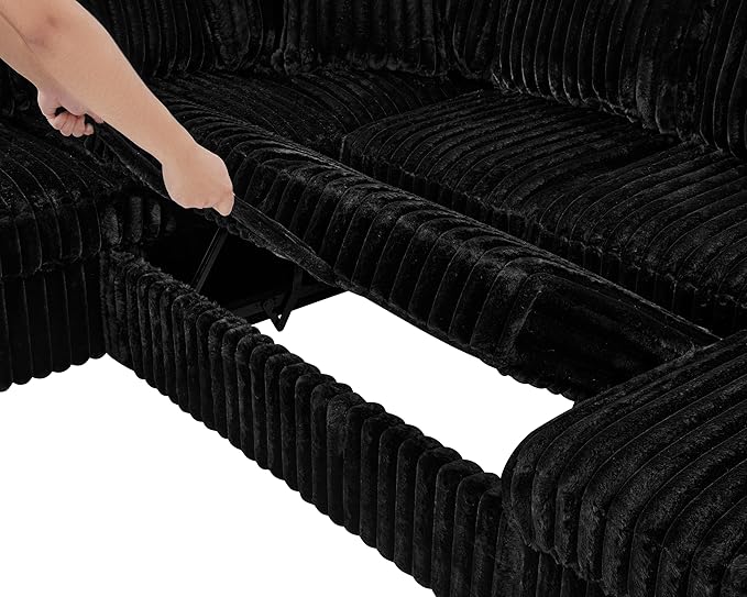 Olodumare Oversized Convertible Sectional Sofa Bed for Living Room, Modern 122’’ Corduroy Upholstered U-Shaped Couch with Right Chaise Hidden Storage & Pull-Out Bed, USB & Type-C Port, Polar Black