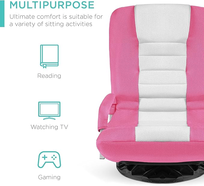 Best Choice Products Swivel Gaming Chair 360 Degree Multipurpose Floor Chair Rocker for TV, Reading, Playing Video Games w/Lumbar Support, Armrest Handles, Adjustable Foldable Backrest - Pink/White