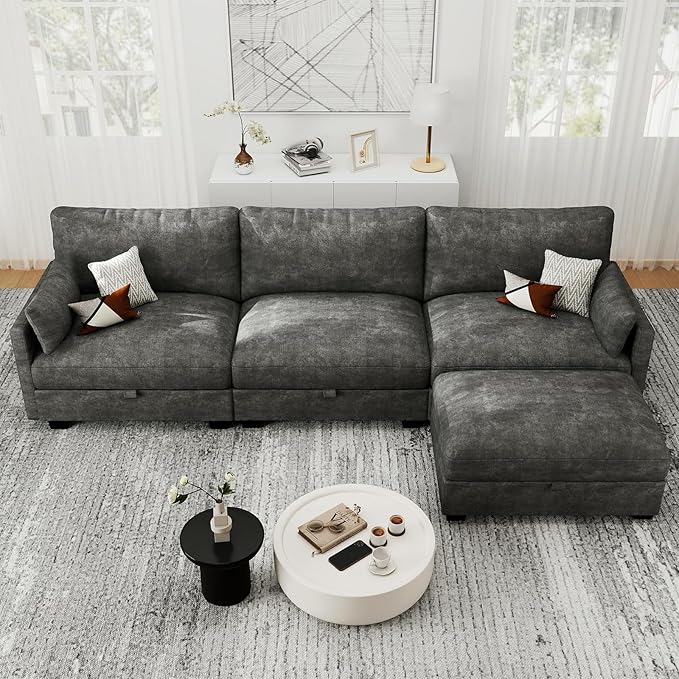 Modular Sectional L Shaped Sofa Couches for Living Room, Cloud Couch with Storage Ottoman, Comfy Chenille Sofa with Pillow, Dark Gray