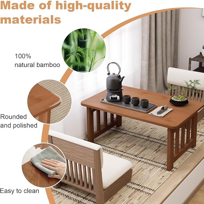 Japanese Bamboo Folding Floor Table, Portable Low Coffee Table for Small Spaces, Foldable Tatami Tea Table for Sitting on Floor, No Assembly Chabudai Table for Zen Living Room (Brown)
