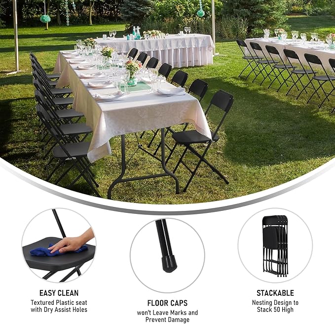 50 Pack Black Plastic Folding Chair, Indoor Outdoor Portable Stackable Commercial Seat with Steel Frame 350lb. Capacity for Events Office Wedding Party Picnic Kitchen Dining