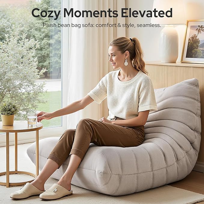 High-end Togo Bean Bag Chair, Fireside Chair with Light Gray Suede Fabric Cover, Comfy & Soft Lazy Floor Lounge Sofa for Bedroom, Living Room, Office or Salon