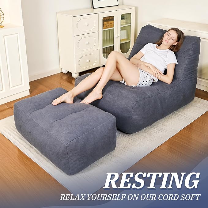 Bean Bag Chair with Ottoman, Giant Bean Bag Chairs for Adults with Memory Foam, Comfy Bean Bag Sofa for Bedroom, Lounge Beanbag of Reading and Gaming with Filler Included (Grey)