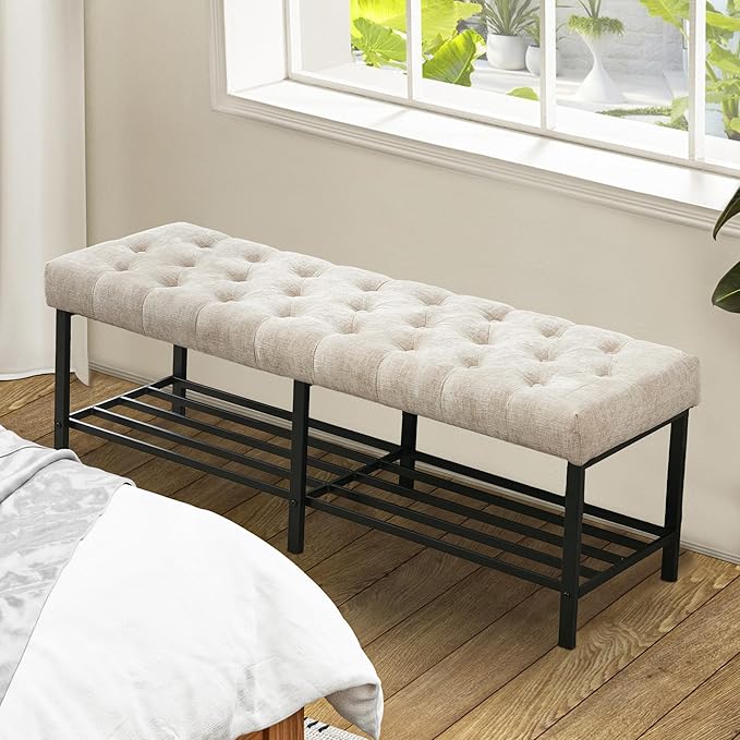 SOFTHION 55.5" End of Bed Bench, Modern Chenille Button Tufted Bedroom Bench, Upholstered Storage Shoe Bench with Metal Base, Dinning Table Bench for Living Room, Bedroom, Entryway, Light Brown