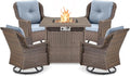 ACTREST Outdoor Patio Swivel Gliders with Fire Pit Table 5 Piece Set - High Back Brown Wicker Rattan Rocking Chair with Thick Cushion for Porch Apartment Deck Yard Poolside Garden - Baby Blue
