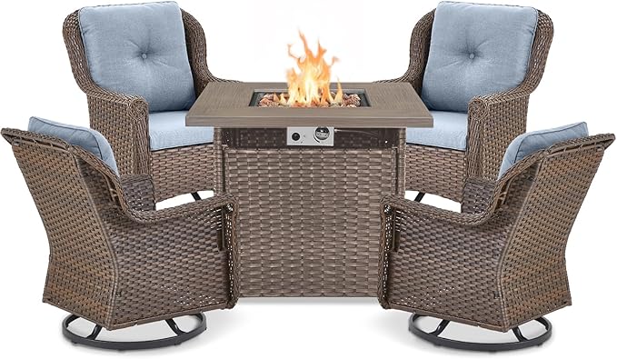 ACTREST Outdoor Patio Swivel Gliders with Fire Pit Table 5 Piece Set - High Back Brown Wicker Rattan Rocking Chair with Thick Cushion for Porch Apartment Deck Yard Poolside Garden - Baby Blue