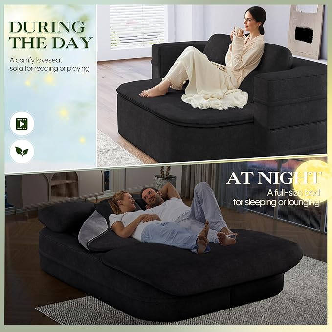 Antetek Convertible Sleeper Sofa, Modern Folding Futon Chenille Floor Foam Compression Loveseat Sofa Bed Couch, Foldable Full Size Guest Bed with 4 Pillows for Living Room Bedroom Apartment, Black