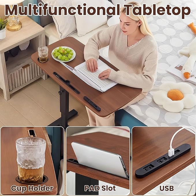 Overbed Table with Hidden Wheels, Height Adjustable Hospital Overbed Bedside Table, Mobile Laptop Standing Desk with Cup Holder and USB, Hospital Home Use