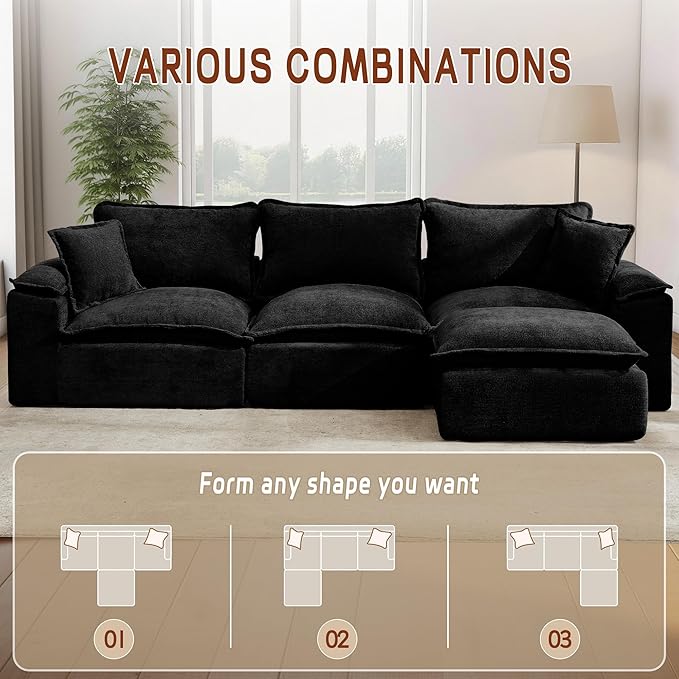 Korser 122" Sectional Couches for Living Room, Modular Boneless Sofa, Cloud Sofa, Fluffy Cushions, Double-Layer Cushioned, with Convertible Ottoman