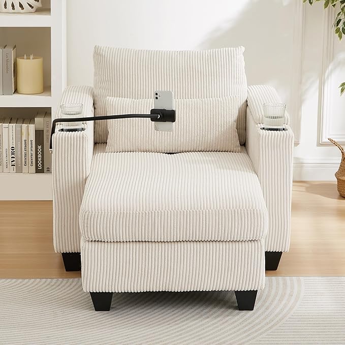 Merax Modern 37.4" Chaise Lounge with Charge Statio, Phone & Cup Holders, Upholstered Sofa Recliner Chair w/Pillow, Side Pockets & Drawers for Living Room Bedroom,Beige