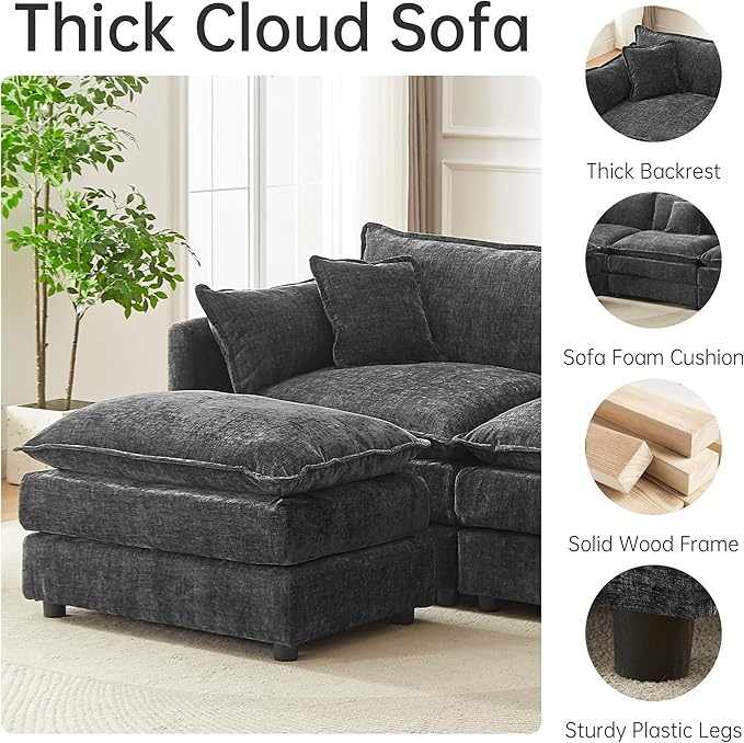 saows Modular Sectional Sofa, 147.2 Inch L Shaped Couch Set with Armrests, 4-Seater Comfy Cloud Couches with Movable Ottoman for Living Room Apartment, Grey